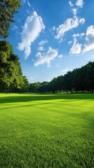 Obraz premium Vibrant green grass under a clear blue sky with fluffy clouds, creating a serene and peaceful outdoor landscape.