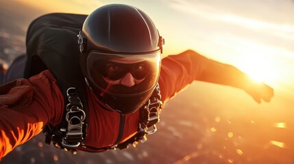Skydiver enjoying an exhilarating freefall at sunset, capturing the thrill of adventure and the beauty of the golden sky.
