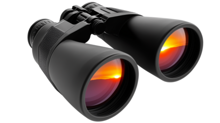 Pair of binoculars with sunset view isolated on transparent background