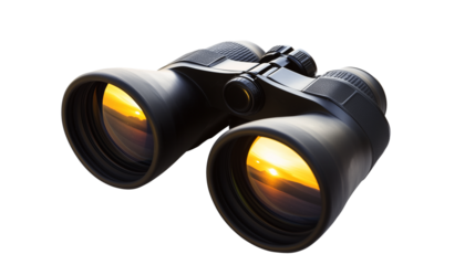 Pair of binoculars with sunset view isolated on transparent background