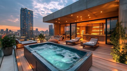 Fototapeta premium A chic rooftop hot tub overlooking a vibrant city skyline, modern lounge chairs and a cozy outdoor bar, soft urban lighting reflecting off the water, steam rising in the cool night air,