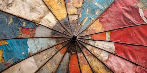 Close-up of a weathered and faded multi-colored umbrella with a wooden frame