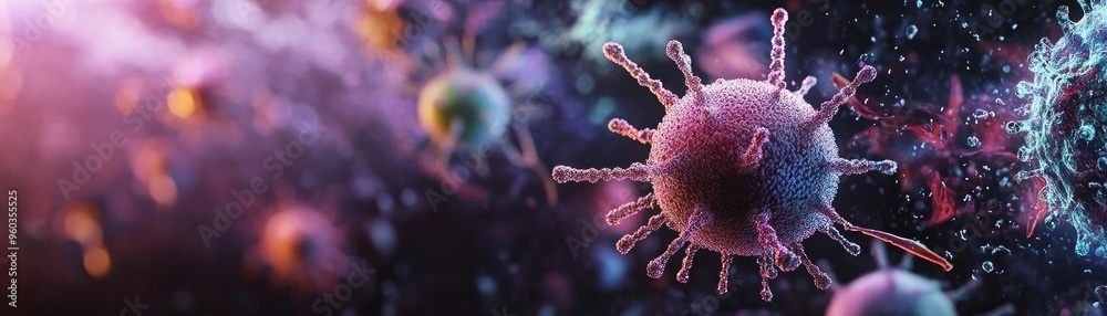Poster Vibrant and detailed depiction of a virus in a cosmic setting, showcasing its complex structure in a colorful environment.
