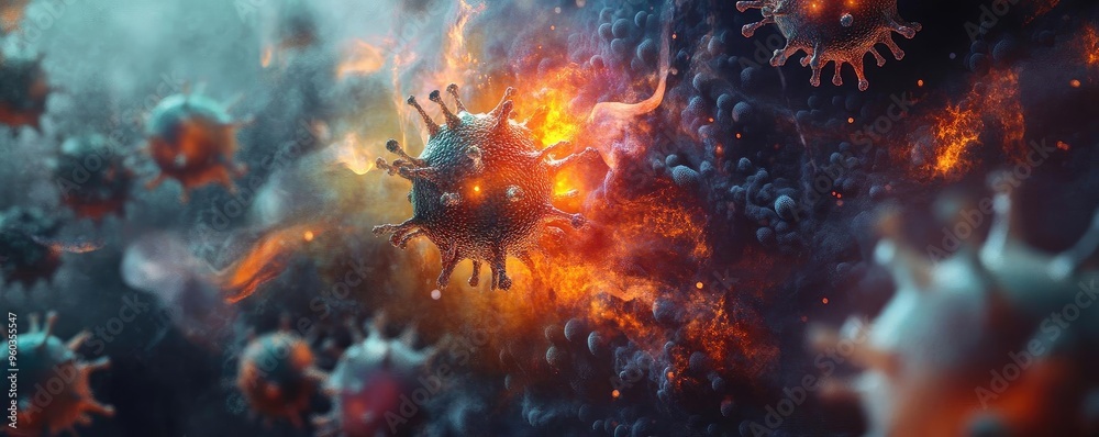 Poster A visually striking representation of viruses in a cosmic environment, highlighting their complexity and interaction.