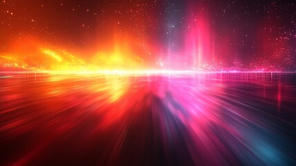 Fototapeta premium Vibrant abstract landscape with colorful light streaks reflecting on calm water surface at twilight