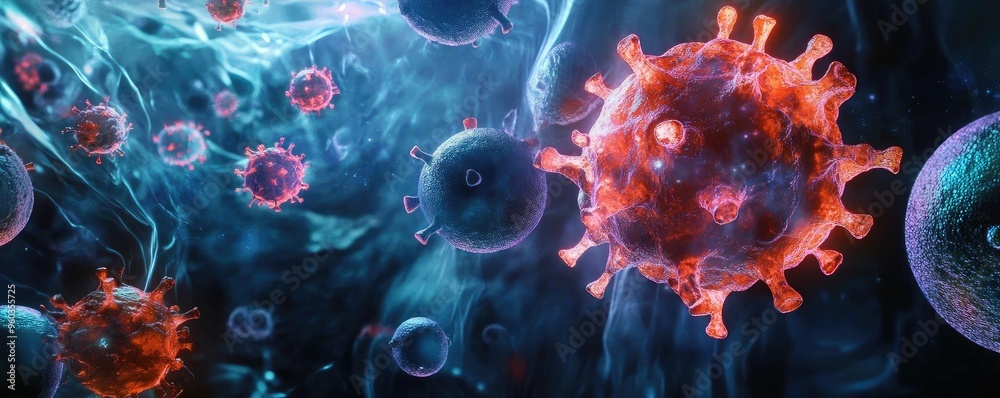 Poster stunning close-up view of virus particles in vivid detail, showcasing intricate structures and vibra