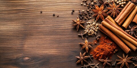 Cinnamon sticks, star anise, and spices on wood.