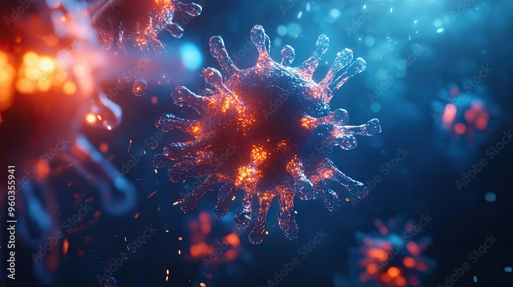 Poster Close-up view of a vibrant virus visualization highlighting intricate structures and glowing features against a dark background.
