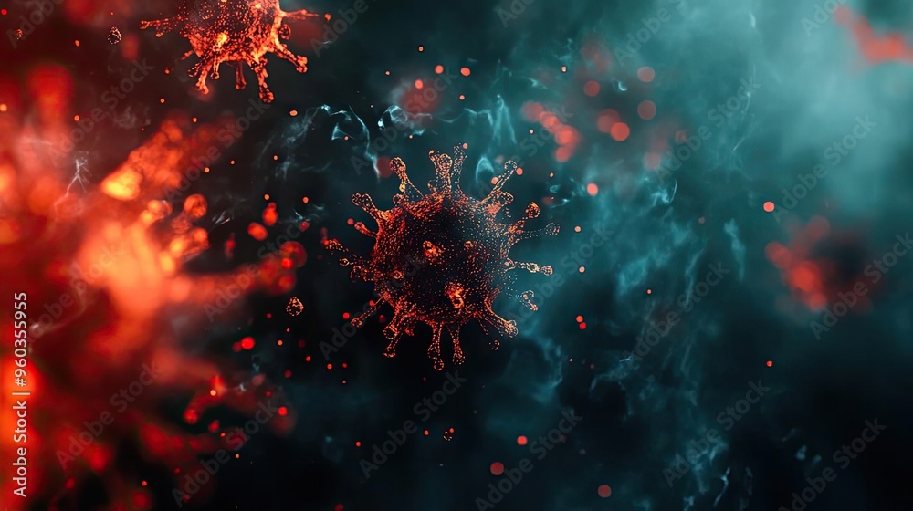 Poster Close-up view of a colorful virus structure in a scientific background, depicting the intricate details of viral particles.