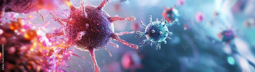 Poster Vibrant close-up of a virus, showcasing intricate details and textures in a colorful, abstract representation of microbial life.
