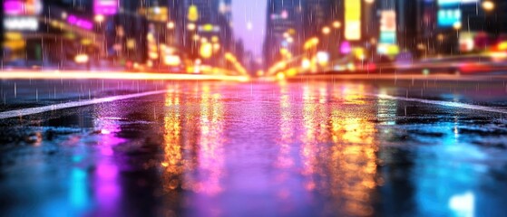 Obraz premium A vibrant, rain-soaked street scene illuminated by colorful city lights, creating a reflective and moody atmosphere at night.