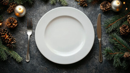 Christmas table setting. A beautifully arranged holiday dining setup featuring a white plate, silver fork and knife, surrounded by pine branches and golden ornaments.