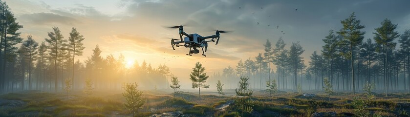 A drone flying over a serene forest landscape at sunrise, capturing the tranquility and beauty of nature.
