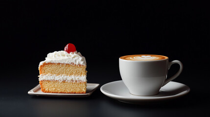 A cup of coffee and a slice of cake set against a black backdrop.