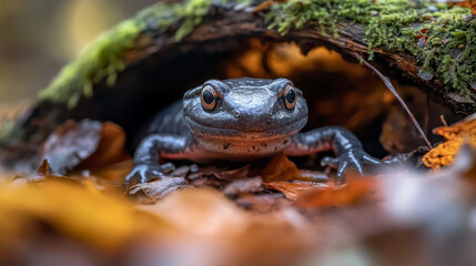 Fototapeta premium Salamander Close Up: A Forest Dweller Among Autumn Leaves
