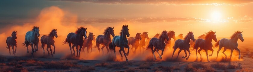 Fototapeta premium A herd of wild horses gallops across a dusty plain at sunset, creating a dynamic and dramatic scene bathed in golden light.