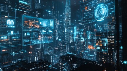 Cybersecurity Data Holographic Projections in a Futuristic Cityscape - Network Protection and Data Security