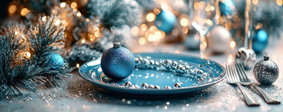 A beautifully set festive table with a blue plate, sparkling ornaments, and twinkling lights, creating a magical holiday atmosphere.