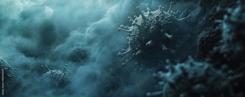Poster Abstract representation of cellular structures in a misty environment, highlighting textures and depth in a mysterious atmosphere.