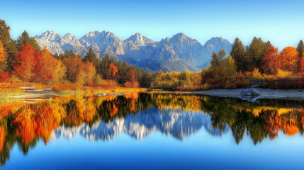 Obraz premium Majestic Mountain Reflections: Autumn's Vibrant Palette Mirrored in Serene Lake