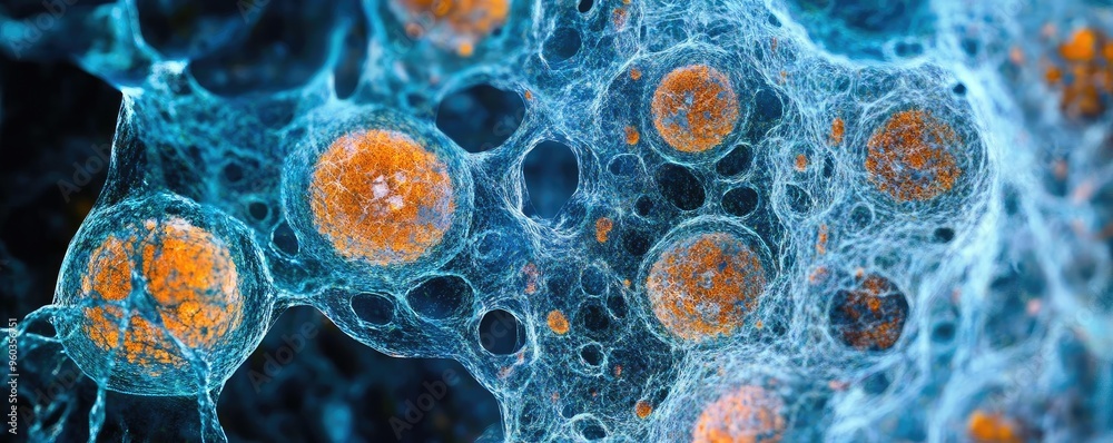 Poster a close-up view of vibrant microscopic cells showcasing intricate details and colors. ideal for scie