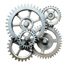 A collection of metallic gears interlocking, symbolizing engineering, mechanics, and industrial design.