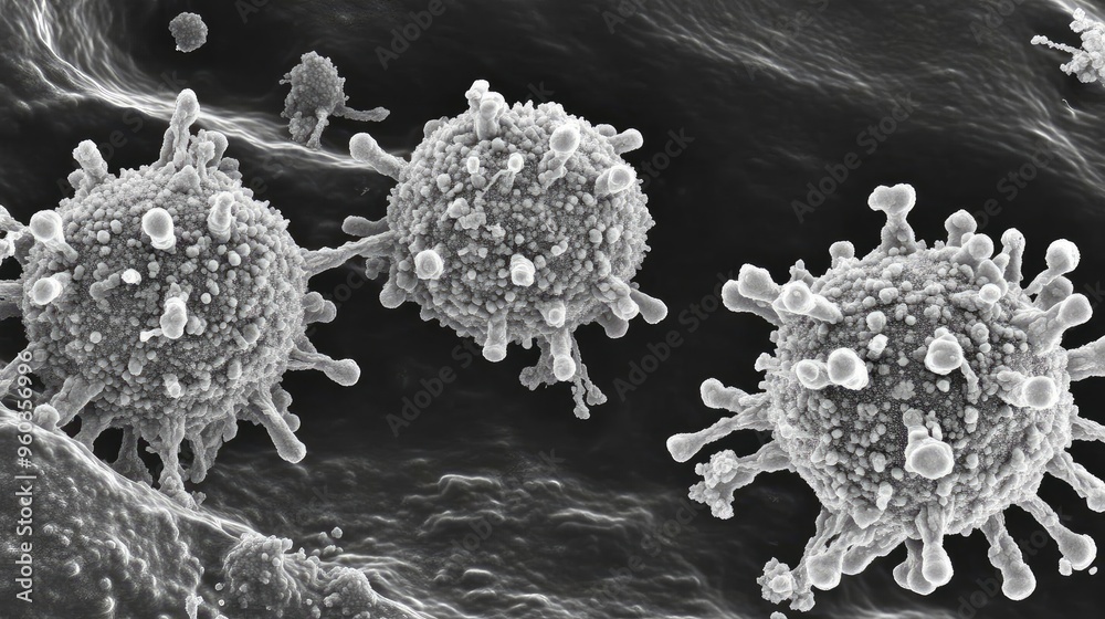 Poster Close-up view of viruses under an electron microscope, highlighting intricate structures and spikes. Ideal for scientific use.