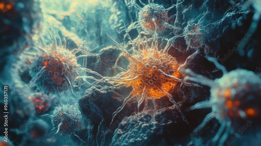 Poster Close-up view of vibrant cells showcasing intricate details and dynamic structures in a microscopic environment.