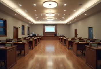 Empty Conference Room with Wooden Desks and Projector Screen