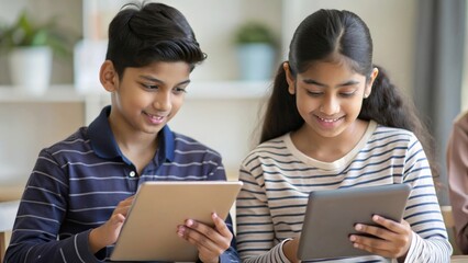 Indian students using tablets with educational apps for interactive learning, showcasing modern educational tools.