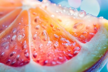 Macro, sliced fruit, glowing pulp, vitamins, health, texture, colors, luminescence, nutritional, blurred background