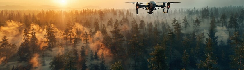 Fototapeta premium Aerial view of a drone flying over a dense forest during sunrise, capturing the beauty of nature with mist and sunlight.