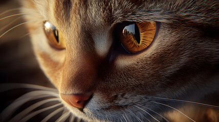 A detailed close-up of a cat&rsquo;s face with sharp focus on its eyes, fur texture, and whiskers, with a softly blurred background to enhance the subject.


