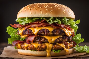 Double bacon cheeseburger with layers of beef patties crispy bacon melted cheese and fresh lettuce, Ai Generated