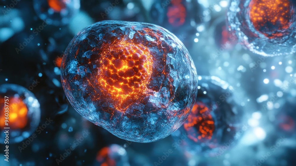 Poster Close-up of vibrant cells showcasing intricate structures and dynamic colors, illustrating the beauty of microscopic life.