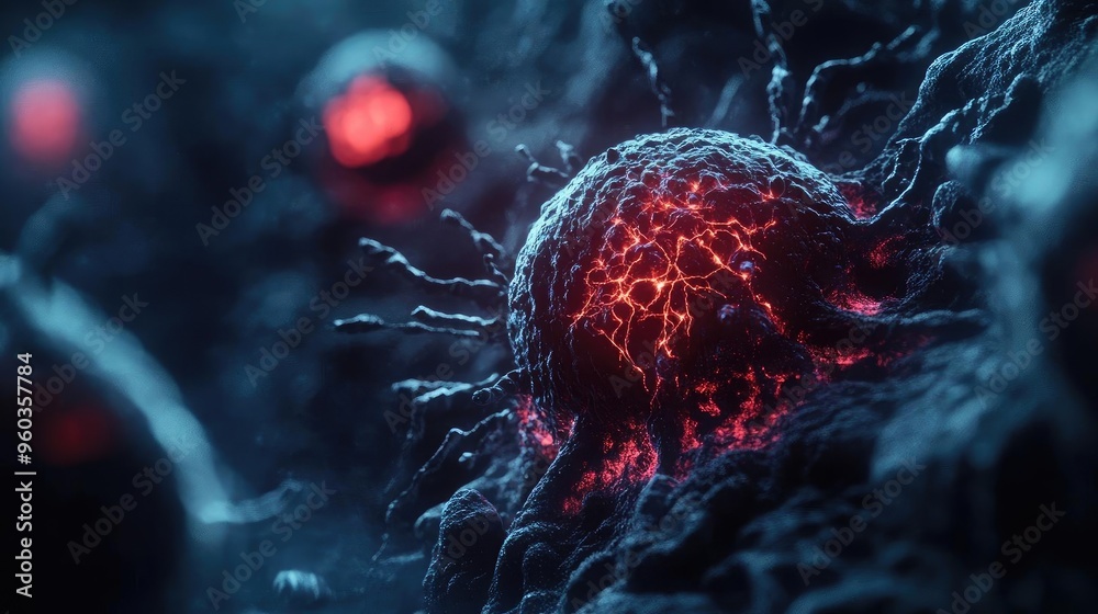 Poster Microscopic view of a glowing cell with intricate details, highlighting its dynamic structures and vibrant colors.