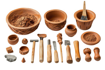 Collection of clay tools and pottery for art and crafting. Perfect for artists and pottery enthusiasts.