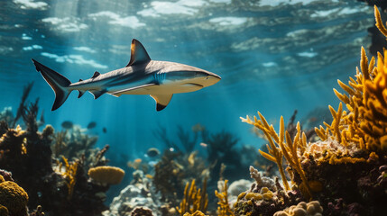 Fototapeta premium Shark Swimming Through Vibrant Coral Reef