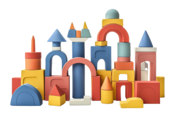 Colorful building blocks in various shapes, perfect for creative play and developing fine motor skills in children.