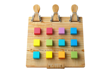 Colorful sticky notes displayed on a wooden clipboard, perfect for organization and reminders in offices or creative spaces.