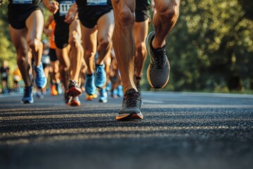 A group of runners are running on a road with their feet in the air. Concept of energy and excitement as the runners compete against each other