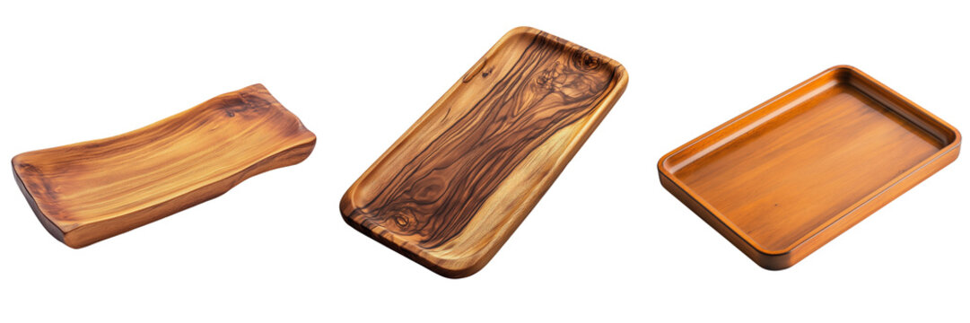 A rectangular wooden serving tray with raised edges, isolated on transparent background, with lighting that highlights its smooth finish