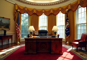 The Oval Office in the White House with Gold Curtains, Red Carpet and President's Desk