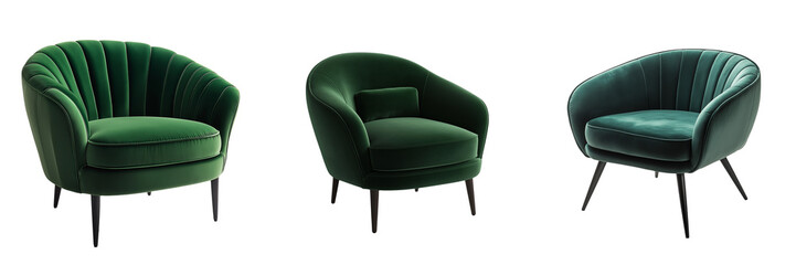 A chic, velvet accent chair in a deep emerald green color isolated on transparent background