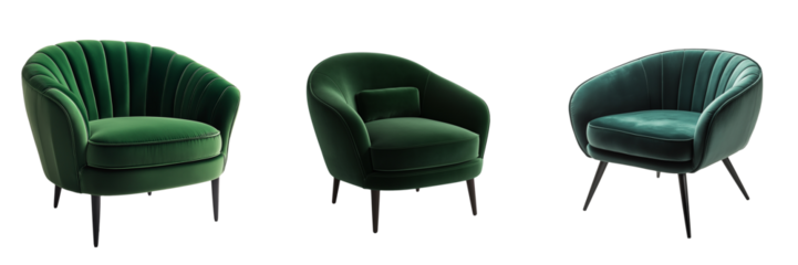 A chic, velvet accent chair in a deep emerald green color isolated on transparent background