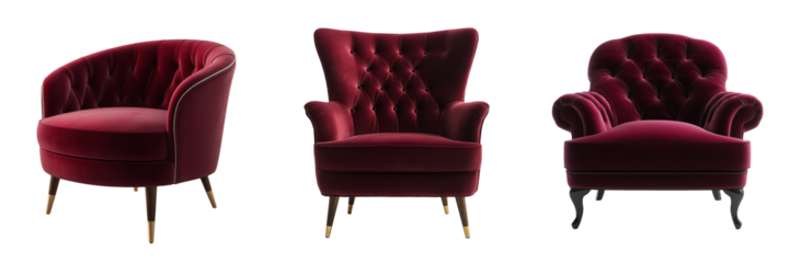 A chic, velvet accent chair in a deep red color isolated on transparent background