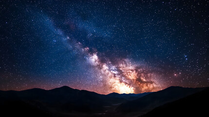 Naklejka premium A night sky filled with bright stars and a visible Milky Way, captured in a remote location with no light pollution, creating a clear, breathtaking view of the cosmos.