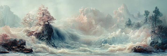 Fototapeta premium A surreal landscape painting with a swirling, misty ocean and a cluster of trees on a rocky outcropping.