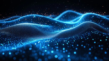 Abstract wave patterns in vibrant blue illuminated with glowing particles create a serene digital landscape at night