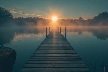 Fototapeta premium A wooden bridge spans a body of water with a sun reflecting on the water. The sun is setting, creating a warm and peaceful atmosphere